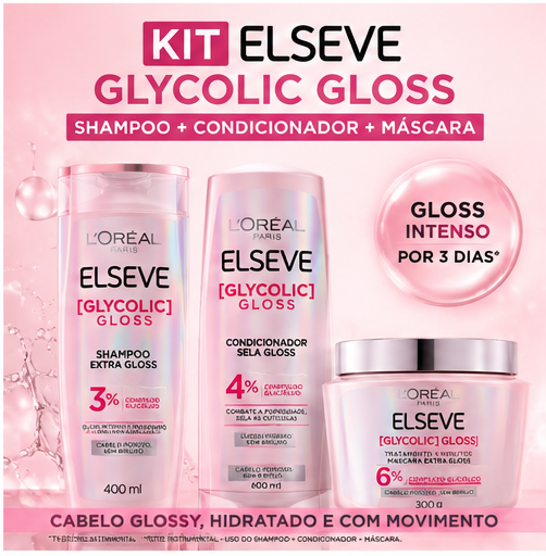 KIT ELSEVE GLYCOLIC GLOSS SHAMPOO + COND + MÁSCARA LORÉAL