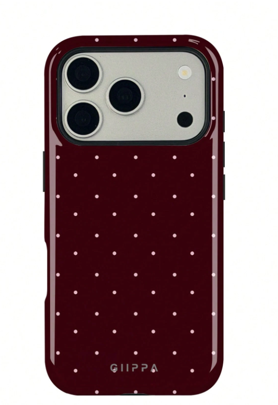 CAPA DE TELEFONE COM BOTTOM BORDÔ E PADRÃO DE BOLINHAS ROSAS